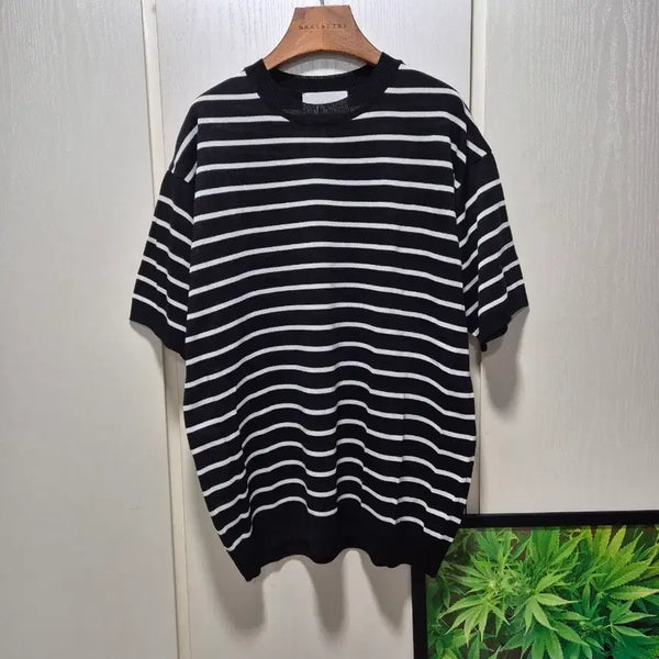 [BUNJANG] Striped Short-Sleeve Knit Top - Black / (세일)(새상품)스트라이프 반팔 니트. 블랙