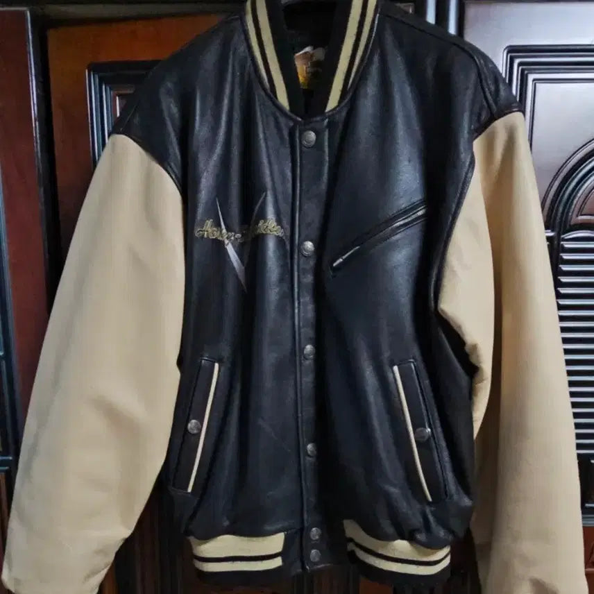 [BUNJANG] Harley-Davidson Leather Varsity Jacket Black/Beige / 할리데이비슨 가죽 바시티 자켓 블랙/베이지