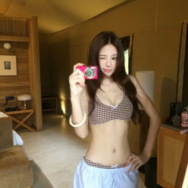 [BUNJANG] Plomer Brown Gingham Check Bikini Set Monokini Swimsuit / (새상품) 플로머 브라운 깅엄 체크 비키니 세트 모노키니 수영복