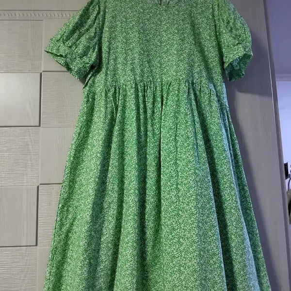 [BUNJANG] Green Floral Short-Sleeve Cotton Midi Dress / 초록색 꽃무늬 반팔 면원피스
