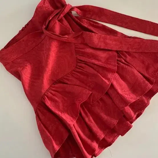 [BUNJANG] Maje Tiered Ruffle Jacquard Wrap Skirt Red / Maje 마쥬 티어드 러플 자카드 랩 스커트 레드 36 (55)