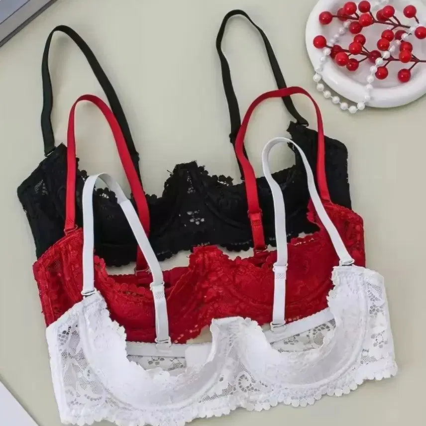 [BUNJANG] Black, Red, White Lace Bra 3-Piece Set / 블랙 레드 화이트 레이스 가슴오픈브라 3종 세트