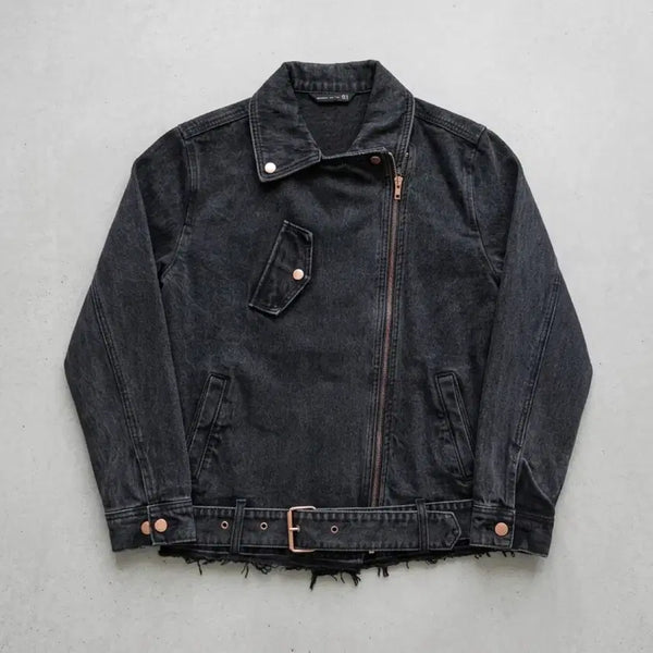 [BUNJANG] Women's Black Denim Rider Jacket with Printing (Size S) / 여성 블랙 데님 프린팅 라이더 자켓 S 1D2-1