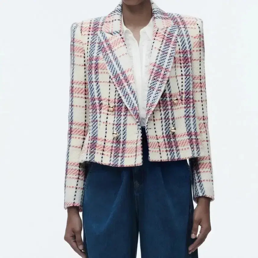 [BUNJANG] ZARA Textured Double-Breasted Tweed Crop Blazer / 자라 스트럭처 더블 브레스트 블레이저 트위드 크롭 자켓 S사이즈