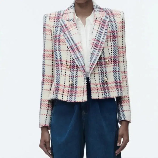[BUNJANG] ZARA Textured Double-Breasted Tweed Crop Blazer / 자라 스트럭처 더블 브레스트 블레이저 트위드 크롭 자켓 S사이즈
