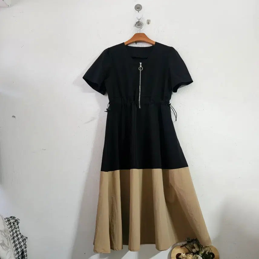 [BUNJANG] Colorblock Dress Black/Beige / 배색 원피스 블랙/베이지