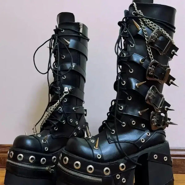 [BUNJANG] Skull Studded Chain Platform Chunky Boots / 해골 스터드 체인 플랫폼 통굽 부츠 워커