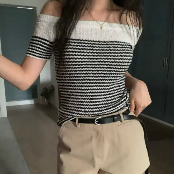 [BUNJANG] Stripe Short Sleeve Knit Top / 스트라이트 반팔 니트