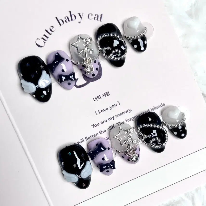 [BUNJANG] Handmade Black Winged Angel Ribbon Nail Tips / 블랙 날개 천사 엔젤 리본 수제 네일팁 =3