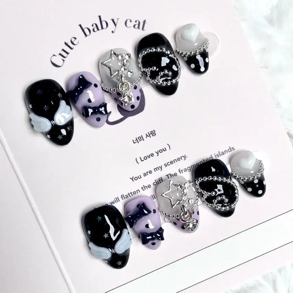 [BUNJANG] Handmade Black Winged Angel Ribbon Nail Tips / 블랙 날개 천사 엔젤 리본 수제 네일팁 =3