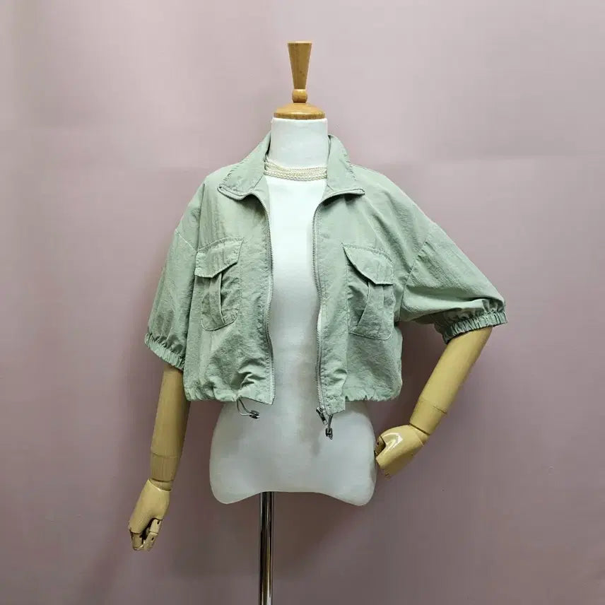 [BUNJANG] Cropped String Zip-Up Jumper / 연카키그린 크롭 스트링 집업점퍼