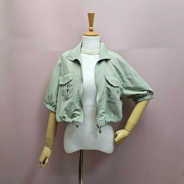 [BUNJANG] Cropped String Zip-Up Jumper / 연카키그린 크롭 스트링 집업점퍼