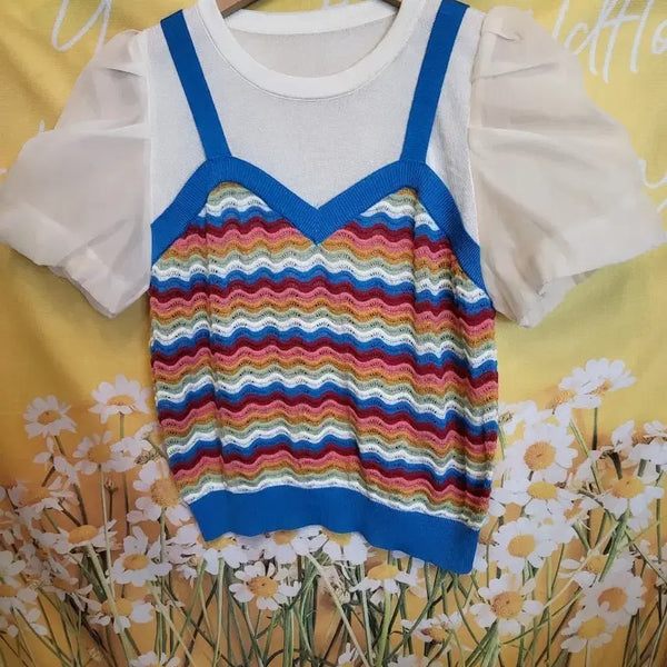 [BUNJANG] Knit Puff Sleeve Top with Poly Contrast / F]  니트  폴리배색