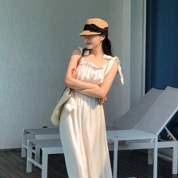 [BUNJANG] Comm'ng To You Ribbon Frill Shirring Bustier Sleeveless Long Dress / [새상품] 어깨 리본 프릴 셔링 뷔스티에 나시롱 원피스(정가4.3)