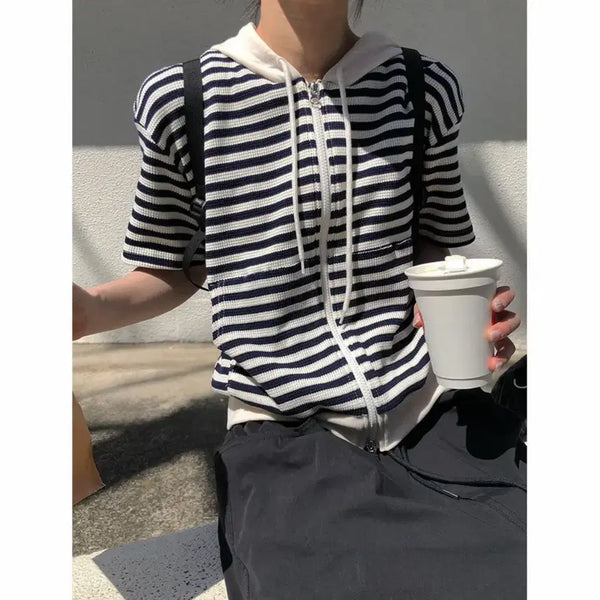 [BUNJANG] SLLO Merry Stripe Hooded Zip-Up Short Sleeve Navy / 슬로) 메리 스트라이프 후드집업 반팔 네이비