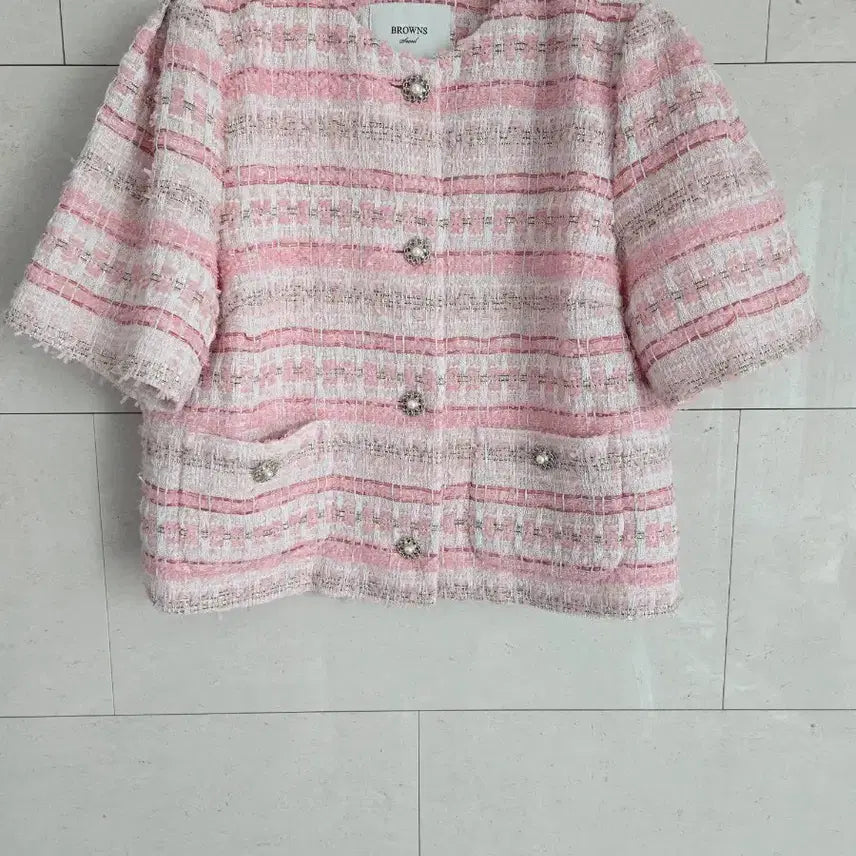 [BUNJANG] Browns Tweed Short-Sleeve Jacket Pink Stripe / 새상품) 브라운스 트위드 반팔 자켓 핑크 스트라이프 (구매가 16만원)