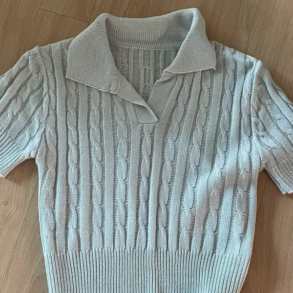 [BUNJANG] Twisted Collar Crop Short Sleeve Knit Blue / 꽈배기 카라 크롭 반팔 니트 블루. (새 상품)