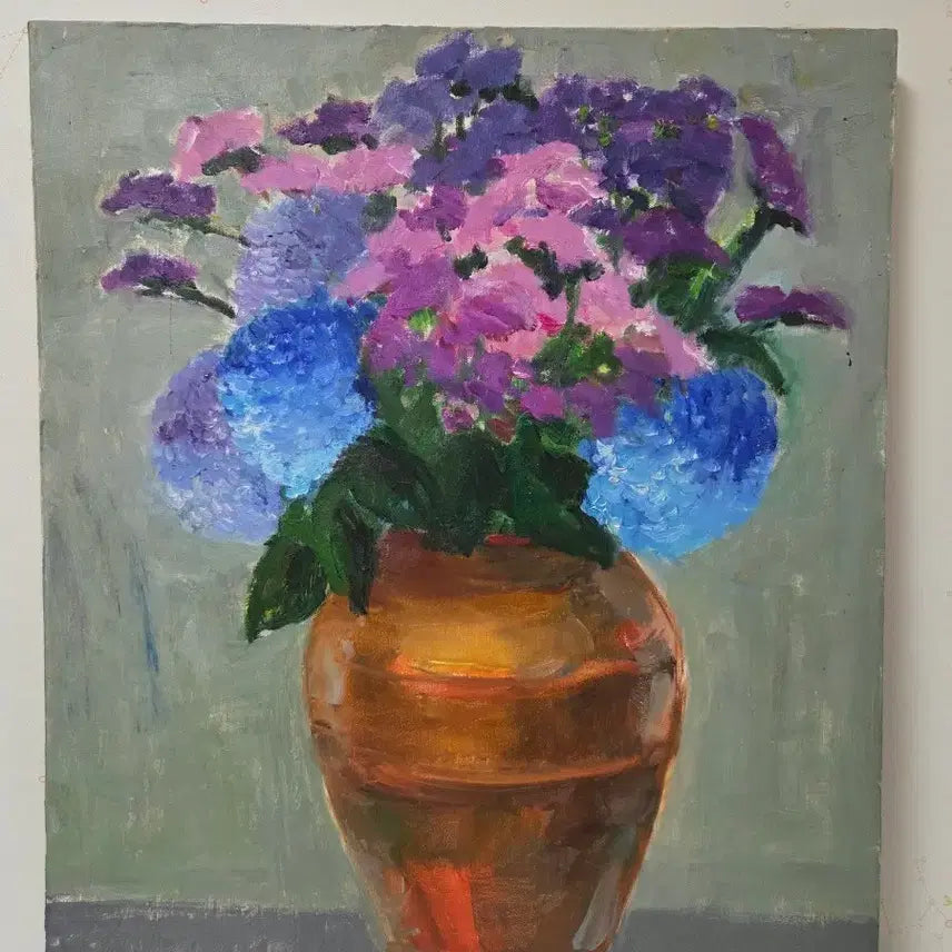 [BUNJANG] Large Hydrangea Floral Still Life Oil Painting / [15호 대형] 화사한 수국 화병 꽃그림 정물화 유화