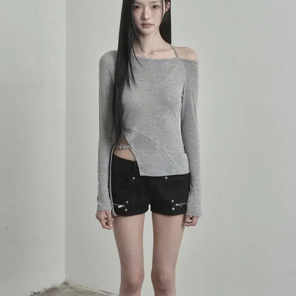 [BUNJANG] Inegi Grey Buckle Strap Cut-Out Top T-Shirt / 무료배송 그레이 이네기 버클 스트랩 컷아웃탑 inegi 티셔츠 슬리브