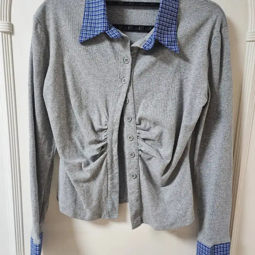 [BUNJANG] Check Collar Long Sleeve Knit Shirt Grey / 체크 셔츠 카라 긴팔 니트 그레이