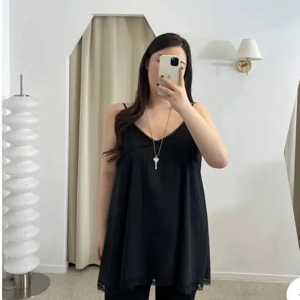 [BUNJANG] A-bly Black Lace Layered V-Neck Mini Dress / 무료배송. 새상품. 에이블리 블랙 레이스 레이어드 브이넥 원피스