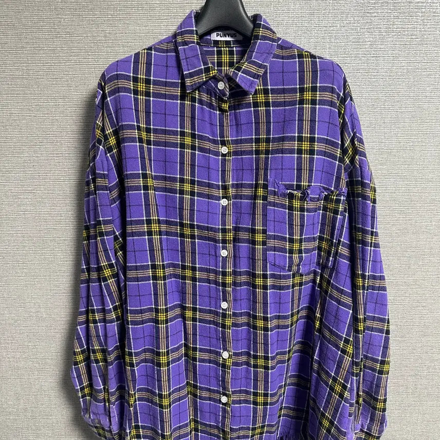 [BUNJANG] Vintage Purple Check Damaged Hem Shirt / 빈티지 데미지 퍼플 체크 셔츠
