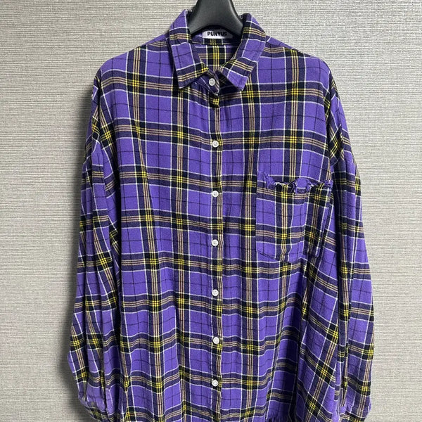 [BUNJANG] Vintage Purple Check Damaged Hem Shirt / 빈티지 데미지 퍼플 체크 셔츠