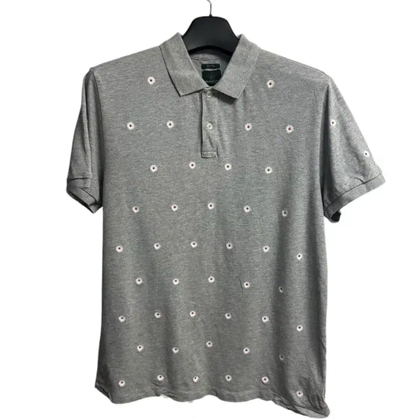 [BUNJANG] Henry Cotton Daisy Embroidered Polo Shirt - Grey XL / 헨리코튼 코튼 플라워 자수 패턴 폴로 카라 반팔티 그레이 XL size