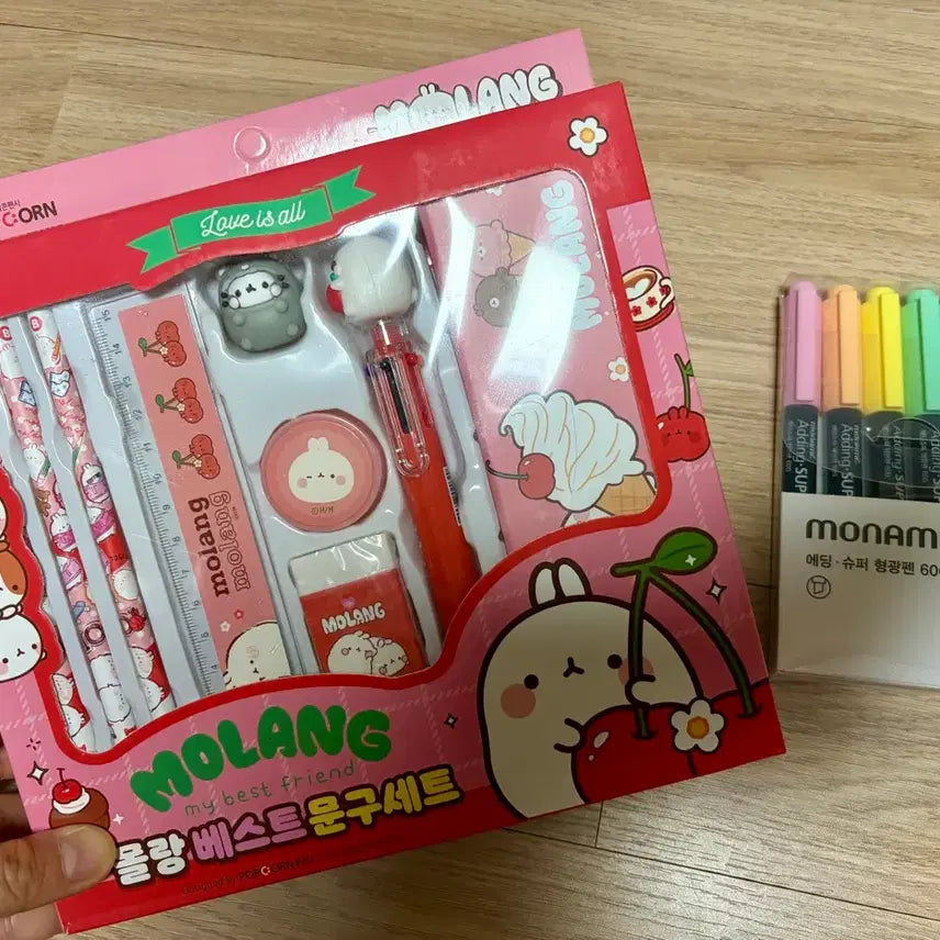 [BUNJANG] Molang Stationery Set + Monami Highlighter Set / 새거) 몰랑 문구세트 + 형광펜 세트 일괄