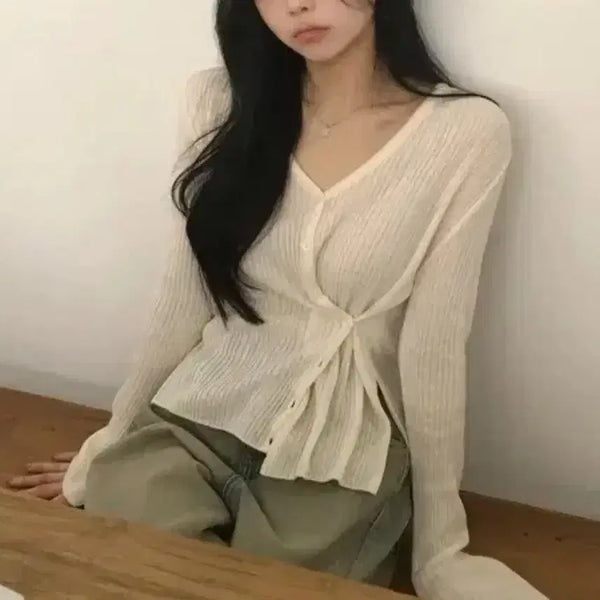 [BUNJANG] Ribbed V-Neck Long Sleeve Cardigan / 골지 브이넥 긴팔티 가디건