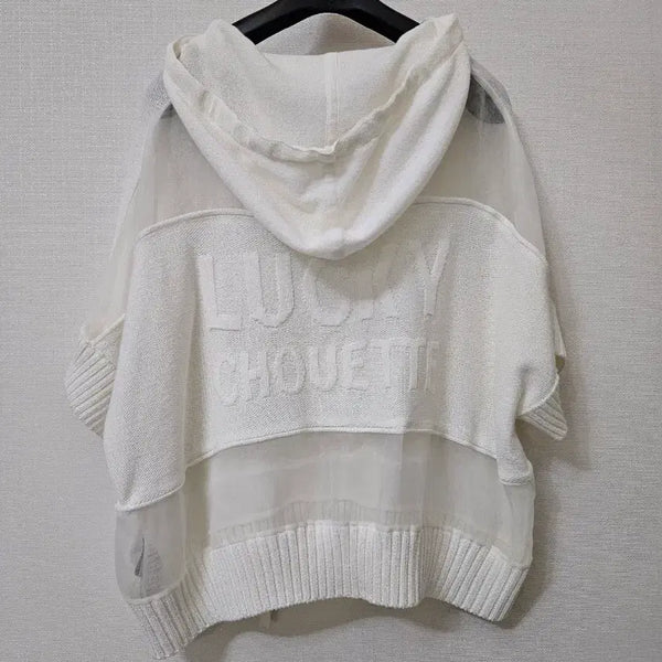 [BUNJANG] Lucky Chouette Chiffon Color-Block Logo Hooded Knit / 럭키슈에뜨 반전매력  쉬폰배색  로고 후드니트