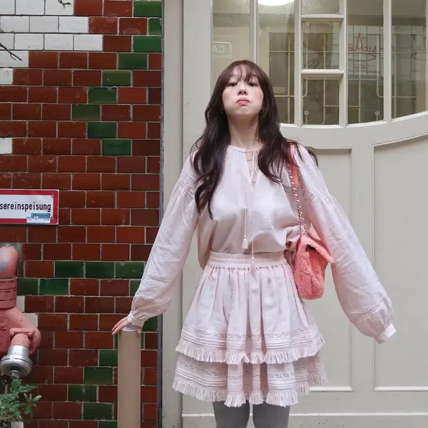 [BUNJANG] Fleuretta Tassel Lace Tiered Blouse & Skirt Set / [일괄택O미시착새상품] 플레따 태슬 레이스 캉캉 블라우스 스커트 셋업