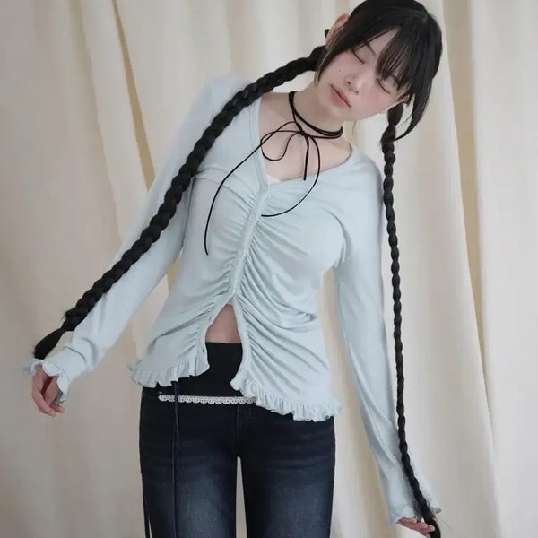 [BUNJANG] MIRECO ASYMMETRIC SHIRRING LACE CARDIGAN / 미레코 ASYMMETRIC SHIRRING LACE CARDIGAN MI