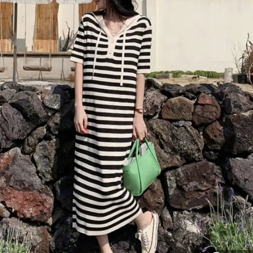 [BUNJANG] Stripe Hooded Knit Long Dress / 단가라 후드 니트 롱원피스 (무료배송)