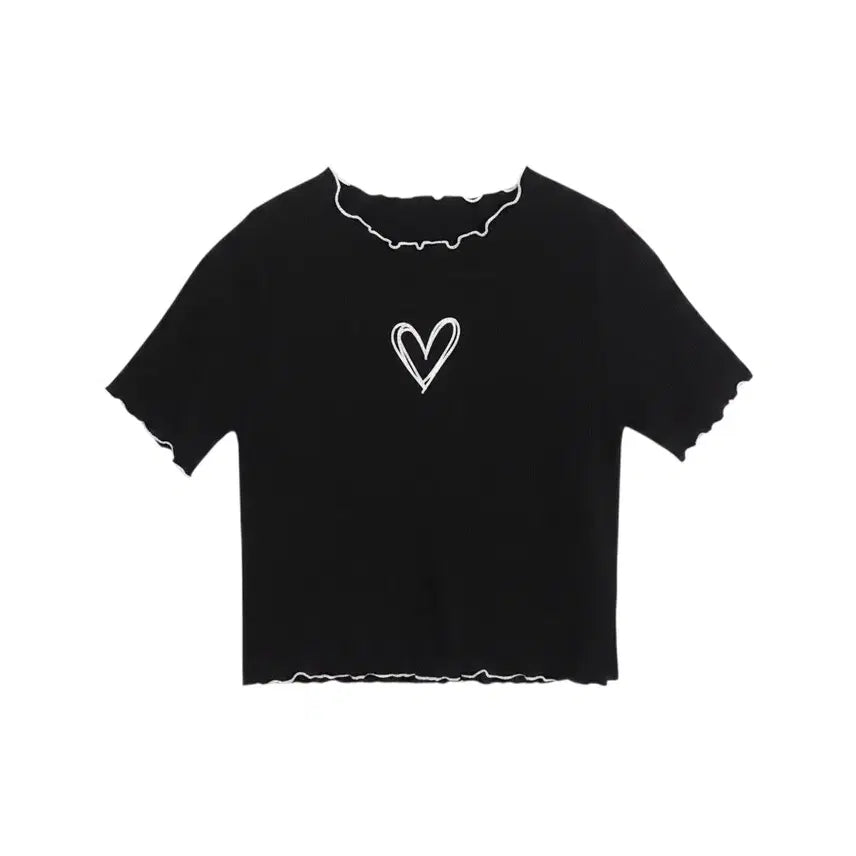 [BUNJANG] Women's Cropped Short-Sleeve T-Shirt / 여성F/ 원픽 국내제작 하트 날라리 크롭 반팔티 BK 22-101