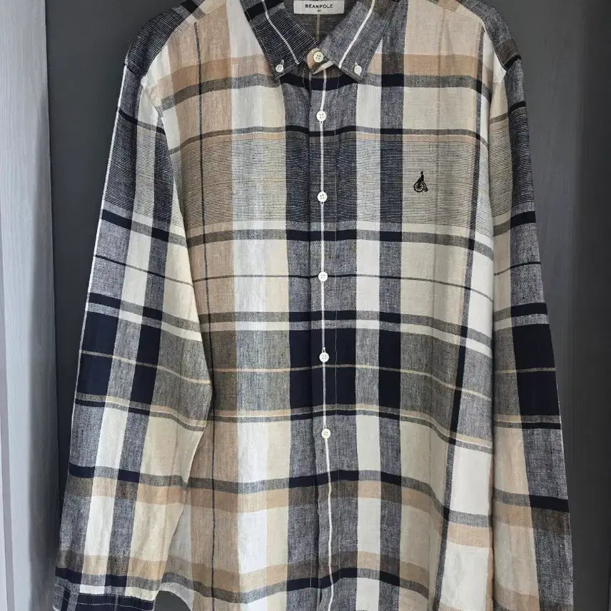 [BUNJANG] Beanpole 100% Linen Check Shirt Beige Navy White / 빈폴 체크 린넨 100% 셔츠 (110) 상태좋음