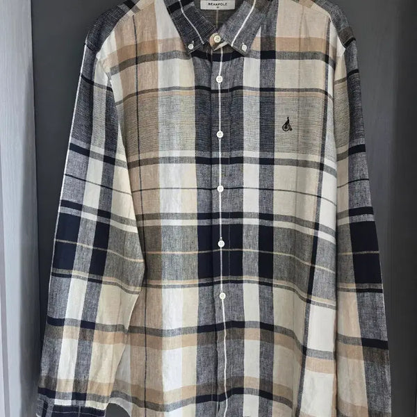 [BUNJANG] Beanpole 100% Linen Check Shirt Beige Navy White / 빈폴 체크 린넨 100% 셔츠 (110) 상태좋음