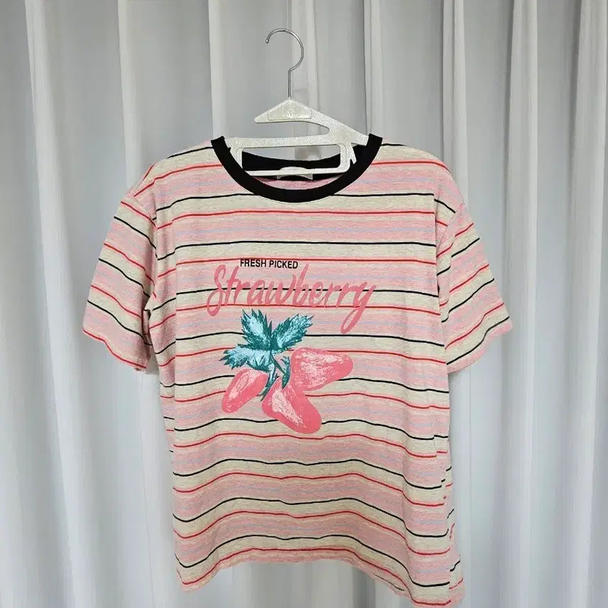 [BUNJANG] Striped Strawberry Short Sleeve T-Shirt / 스트라이프 스트로베리  반팔 티셔츠