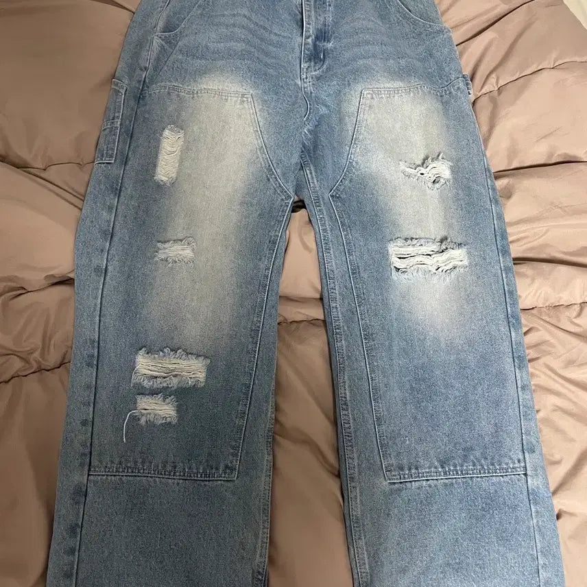 [BUNJANG] XTONZ Double Knee Denim Pants Light Blue / 엑스톤즈 더블니 데님팬츠