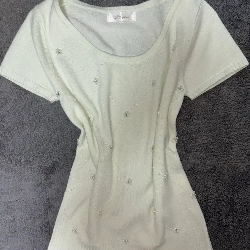[BUNJANG] Mintcore Hime Gyaru Mori Girl Cubic Bead Knit Short Sleeve Top / 민트코어 히메갸루 모리걸 큐빅 비즈 니트 반팔 탑