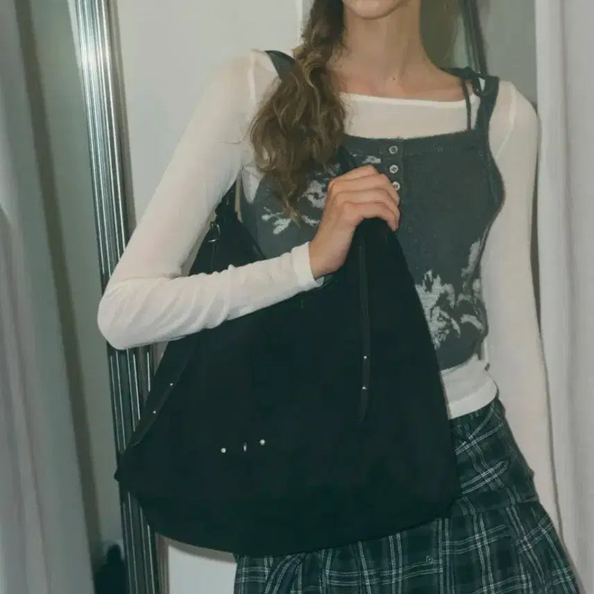 [BUNJANG] Ledery Suede Shopper Drop Shoulder Bag Black / 레더리 스웨이드 쇼퍼 드롭 숄더백 블랙