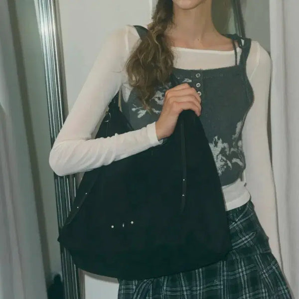 [BUNJANG] Ledery Suede Shopper Drop Shoulder Bag Black / 레더리 스웨이드 쇼퍼 드롭 숄더백 블랙