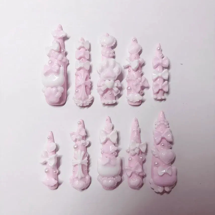 [BUNJANG] Handmade Pink Hime Gyaru Nail Tips with Chrome Hearts Design / 양산형 지뢰계 양지뢰 수제 네일팁 핑크 히메갸루 주문제작 크롬하츠