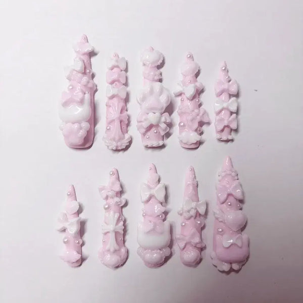 [BUNJANG] Handmade Pink Hime Gyaru Nail Tips with Chrome Hearts Design / 양산형 지뢰계 양지뢰 수제 네일팁 핑크 히메갸루 주문제작 크롬하츠