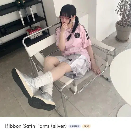 [BUNJANG] Umpsha Vintage Made Ribbon Satin Bermuda Pants (Silver) / 어항빈티지 메이드 리본 새틴 버뮤다(실버)