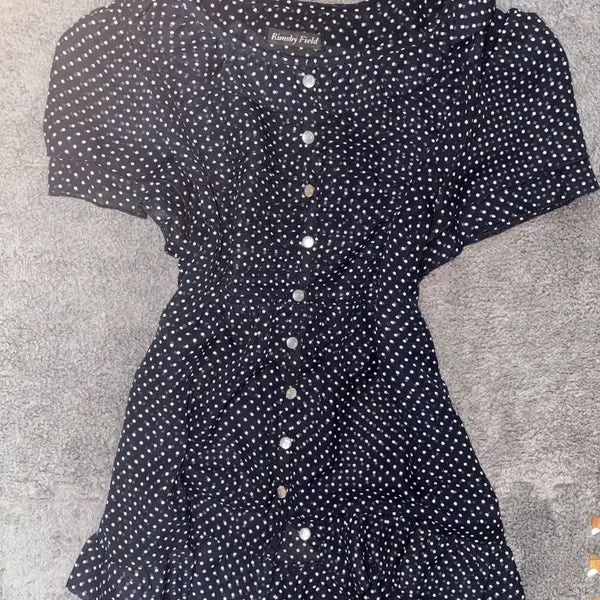 [BUNJANG] Navy Polka Dot Button Blouse Top / 모리걸 데일리 네이비 도트 단추 블라우스 탑 상의