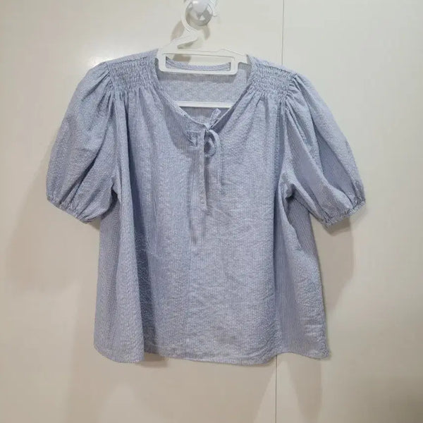 [BUNJANG] Blue Striped Puff Sleeve Blouse with Ribbon Detail / 블루 블라우스