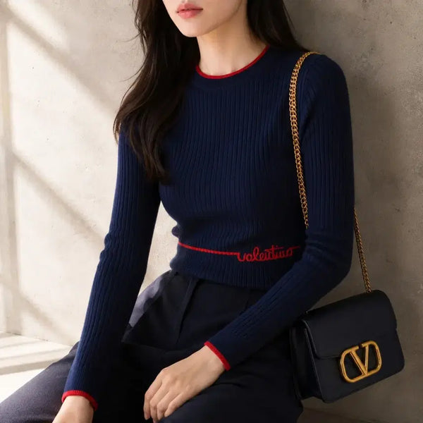 [BUNJANG] Valentino Navy Red Contrast Rib Knit Long Sleeve Top / 발렌티노 네이비 레드 배색 리브 니트 긴팔 상의 ~55반