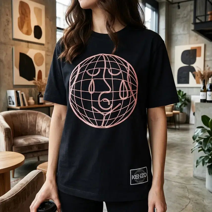 [BUNJANG] Kenzo Pink Globe Graphic Embroidered Black Short Sleeve T-Shirt / 겐조 핑크 글로브 그래픽 자수 블랙 반팔 티셔츠 ~55