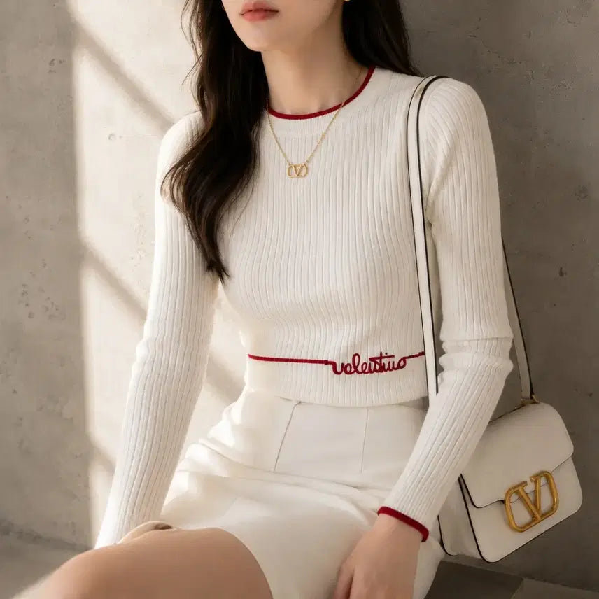 [BUNJANG] Valentino Embroidered Logo Red Line Rib Knit Top / 발렌티노 로고 자수 레드 라인 포인트 리브 니트 상의 ~55반